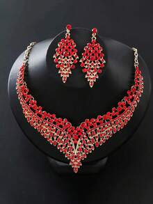 1 Set Luxury Rhinestone V-Shaped Necklace & Earrings Bridal Wedding Jewelry Set, Formal Party Accessories For Women - Flowers - View 15