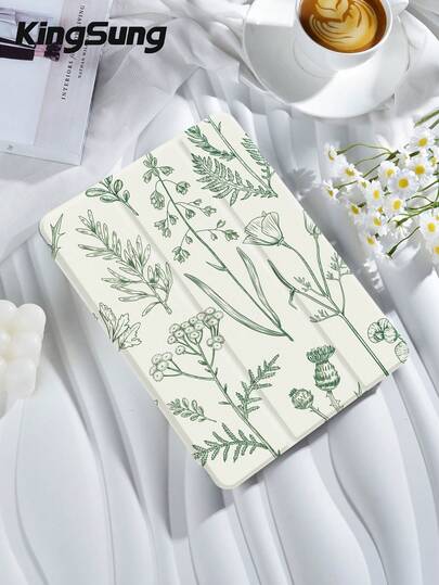 手绘植物图案平板电脑保护套，兼容 iPad 9.7/10.2/10.5/10.9/12.9/Pro 11（第十代）、Galaxy Tab S6 Lite 10.4、Kindle Paperwhite（第十二代，2024 年发布）、Kindle（第十一代，2022 年发布）、Kobo Clara Colour，柔软防震保护，智能支架/自动唤醒/睡眠功能