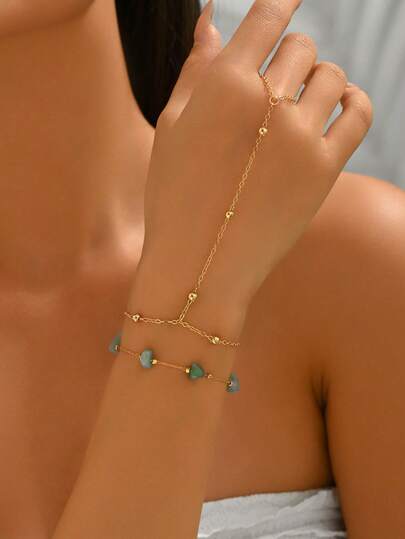 2 st/set färgglatt armband med stenpärlor och guldfingerkedja, moderiktiga och eleganta smycken för kvinnor, lämpliga för vardagsbruk, utflykter och fotografering