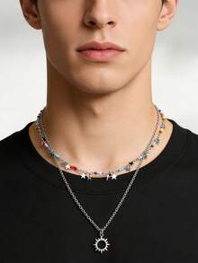 1pc Men's Silver Faux Pearl Metal Handmade Star Pendant Multi-Layer Necklace