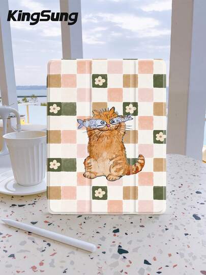 格子猫图案平板电脑保护套，兼容 iPad 9.7/10.2/10.5/10.9/12.9 英寸/iPad Pro 11 英寸（第十代）、Galaxy Tab S6 Lite 10.4 英寸、Kindle Paperwhite 第十二代（2024 年发布，第十一代发布于 2022 年），柔软防震，支持智能睡眠/唤醒功能