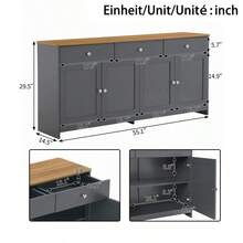 Sideboard With Gray-Black Wood Grain Four Doors Three Drawers For Living Room And Dining Room. Wood Tone And Gray-Black - Gray + Wood + MDF1 - View 3