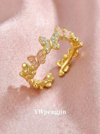 3-Color Cubic Zirconia Butterfly Adjustable Open Ring, Fashionable Jewelry Accessory Gift Suitable For All Seasons