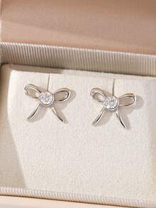 1 Pair S925 Sterling Silver 0.6CT Moissanite Bow Stud Earrings, Elegant & Sweet, Suitable For Daily Wear, Dates, Valentine's Day Gift - Multicolor - View 2