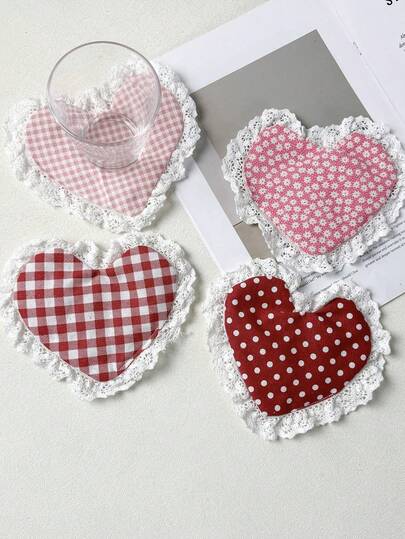 1pc Cute Vintage-Style Pink Heart, Polka Dot & Plaid Fabric Coaster, Suitable For Home Decor, Mini Dining Mat, Jewelry Organizer, Small & Convenient, Also Great For Valentine's Day, Birthday Gift