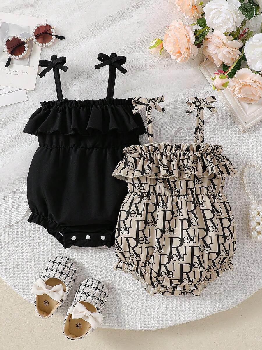Baby Girls' Summer Fashion Solid Color & Fruit Print 2 Pieces Romper Set - Black - View 1
