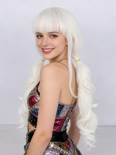 Extra Long Wavy White Dual Ponytails Anime Cosplay Wig With Bangs For Women Natural Looking Heat Resistant Synthetic Playful Double Pig-Tails Daily Party Wig For Holiday Masquerade Comic Con Game Exhibition Movie Festivals Music Party Stage Performance Accessory & Christmas Birthday Gift, Beginner Friendly