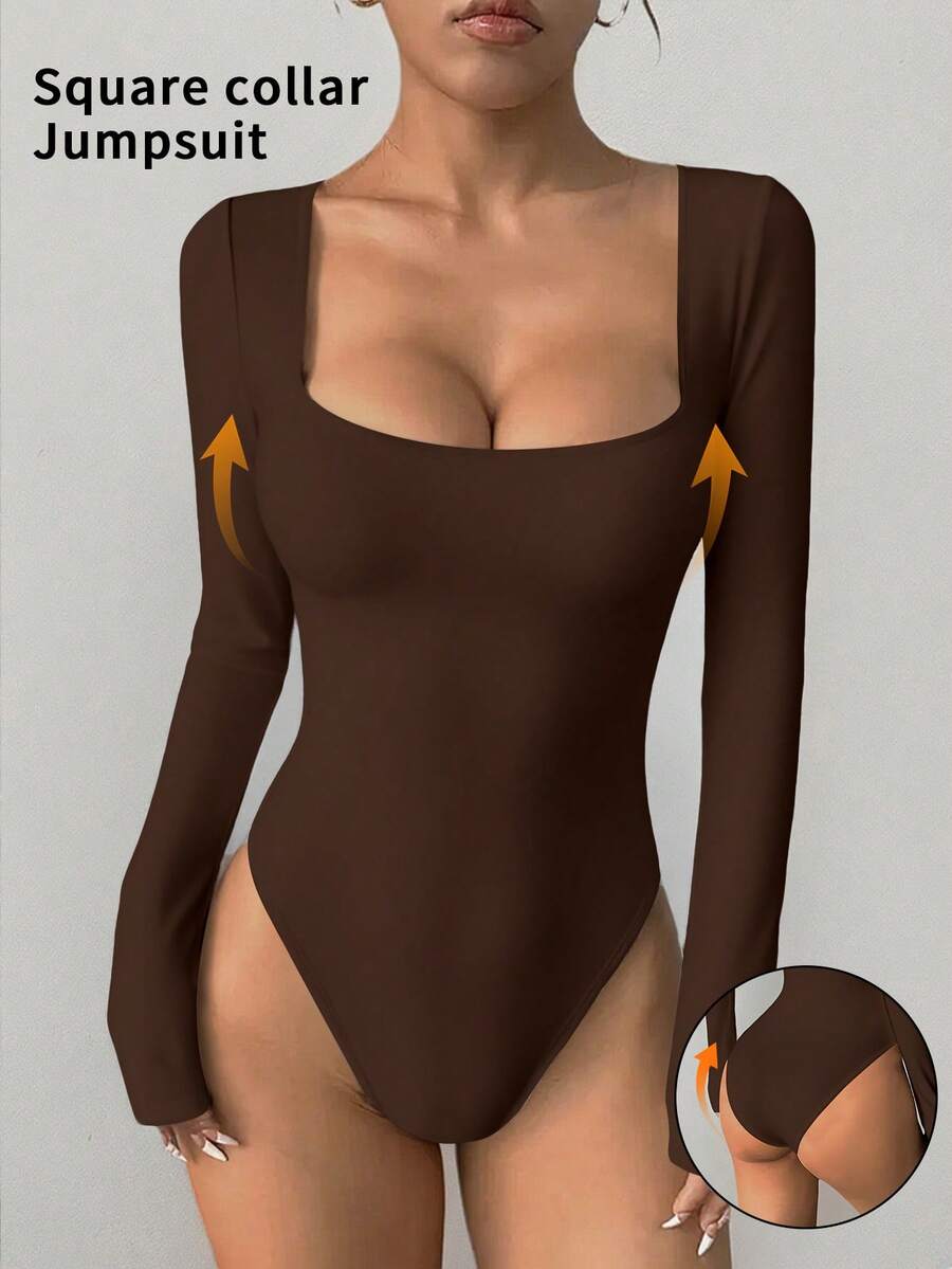 6pecil Women's Shapewear Bodysuit, Shaping Leggings With Slit Waist, Thong Or Briefs, Long-Sleeved Solid Color Sports Bodysuit. - Coffee Brown - View 1