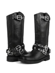 Women's Punk Mid Calf Boots Chunky Low Heel Riding Boots Platform Moto Boots Round Toe Wide Calf Motorcycle Boots For Women With Buckles Wide Calf Pull On Biker Boots - 黑色 - 查看 7