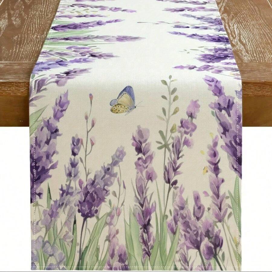 A Spring Lavender-Themed Table Flag With A Floral Design Is Ideal For Kitchen Or Dining Room Tablecloth Setups In Rural Farmhouses, Suitable For Indoor And Outdoor Dinner Parties, Available In 13x48 And 13x72 Inches. - 13x72 Inches - View 1