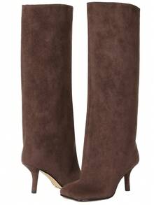 Luxury Fashion Women's Knee High Long Boots Square Toe Wide Calf Stiletto Heel Tall Boots - 巧克力棕 - 查看 9