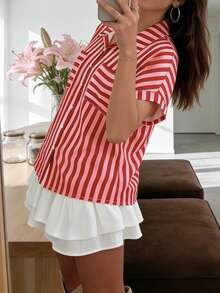 波西米亚风粉色女装，休闲条纹图案衬衫，带领，口袋短袖衬衫，宽松纽扣开衫，优雅浪漫时尚，宽松下摆上衣，新款女士开衫衬衫 - 彩色 - 查看 7