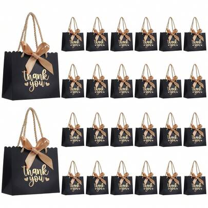 10pcs/Pack (Paper Bag + Jute Rope + Ribbon) Holiday Party Gift Packaging Paper Bag Ribbon Set, Foil "Thank You" Print, Suitable For Wedding, Birthday, Festival Gathering, Souvenirs, Candy, Gifts, Small Accessories, Cosmetics Packaging