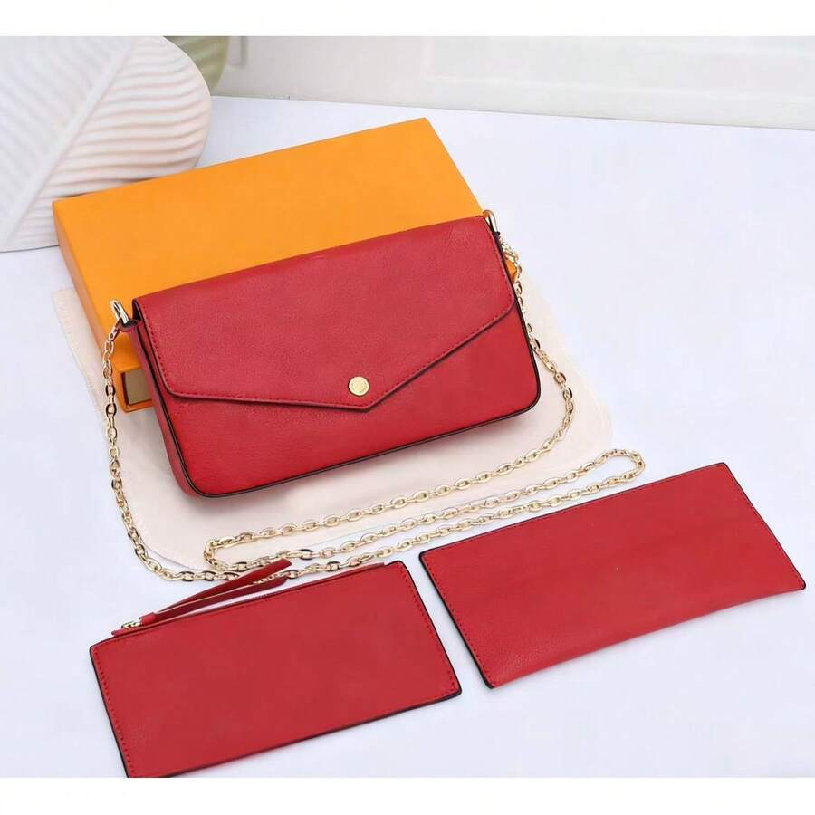 2025 New Style Three-In-One Envelope Bag, Clutch, Shoulder Bag, Crossbody Bag, Soft Leather Long Wallet, Chain Bag, Simple And Fashionable - 紅色 - 查看 1