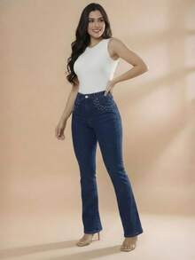 pthirillo Women's Dark Blue Flare Jeans With Butt-Lifting, High Waist, And Rhinestone Detail - Premium Rhinestone Jeans - Spike In the Pocket - View 7