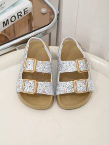 1双女童新款时尚金色搭扣闪亮公主鞋，适合夏季穿着，沙滩凉鞋 - 銀色 - 查看 3