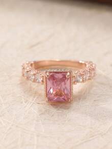 Elegant Cubic Zirconia Square Champagne Color Couple Rings, Delicate Stackable Rings, Wedding Rings, Classic Shiny Artificial Zirconia Rings For Women As Gifts - Pink - View 3