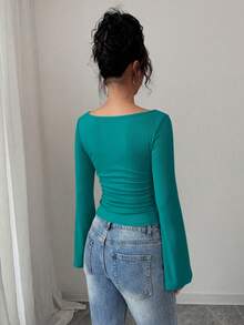 Women's Spring Fall Long Sleeve Shirts Crop Going Out Tops Casual Boat Neck Bell Sleeve Ribbed Ruched Y2K Clothes - Deep Blue - View 2