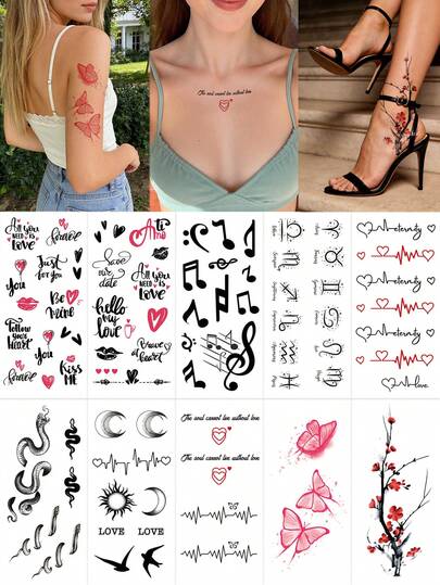 多元素组合图案临时纹身贴纸，包含十二生肖/心跳/音符/日月/蛇/蝴蝶/红梅花Y2K设计，适合DIY嘉年华、情人节、派对节日礼物，可用于手腕、脚踝、肩膀、脖子、锁骨等部位，防水逼真纹身贴纸。