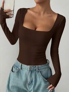6pecil Women's Shapewear Bodysuit, Shaping Leggings With Slit Waist, Thong Or Briefs, Long-Sleeved Solid Color Sports Bodysuit. - Coffee Brown - View 4