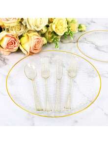 150pcs Gold Glitter Reusable Party Tableware Set - Includes 50 Forks, 25 Knives, 25 Spoons - Reusable Washable Cutlery Set For Party, Holiday Celebration, Dinner, Wedding, Kitchen, Valentine's Day - Multicolor - View 6