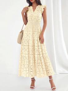 Womens Boho Maxi Dresses  Summer Floral Lace Eyelet V Neck Spring Wedding Guest Dress Beach Vacation Clothes - 米色 - 查看 6