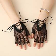 Guantes de tul de moda para mujer, elásticos, transpirables, suaves y amigables con la piel, versátiles para novia, boda, fiesta, club, atuendo de actuación y accesorios - Medio dedo - rojo - Ver 4