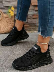 Zapatos De Tenis Antideslizantes Elásticos Para Mujer,Tenis de mujer, Negro Zapatos casuales de mujer, calzado informal,Zapatos Deportivos Casuales Para Mujer Con Malla Transpirable Elegante En La Parte Superior Y Suela Suave Para Correr Simples y Versátiles - Negro - Ver 4