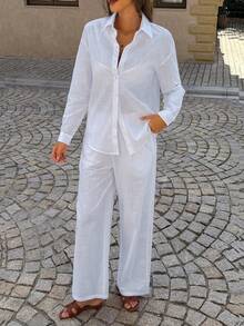 PoPoHouse 女士两件套 - 纯色棉质休闲优雅长袖翻领衬衫上衣搭配宽松阔腿裤，适合日常通勤、休闲旅行、情人节、春夏休闲女装，白色套装 - 白色 - 查看 12