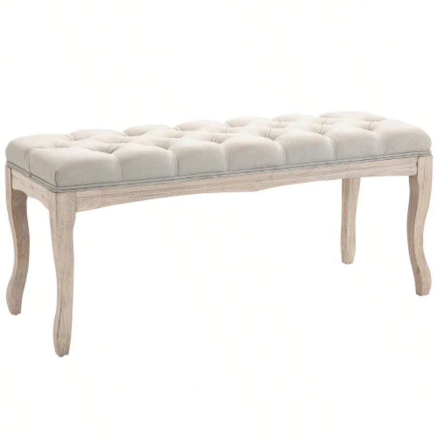 Vintage Upholstered Bench For Bedroom And Living Room, Storage Bench In Rubberwood With Beige Linen Covering, 110 X 40 X 48 Cm - 白色 - 查看 1