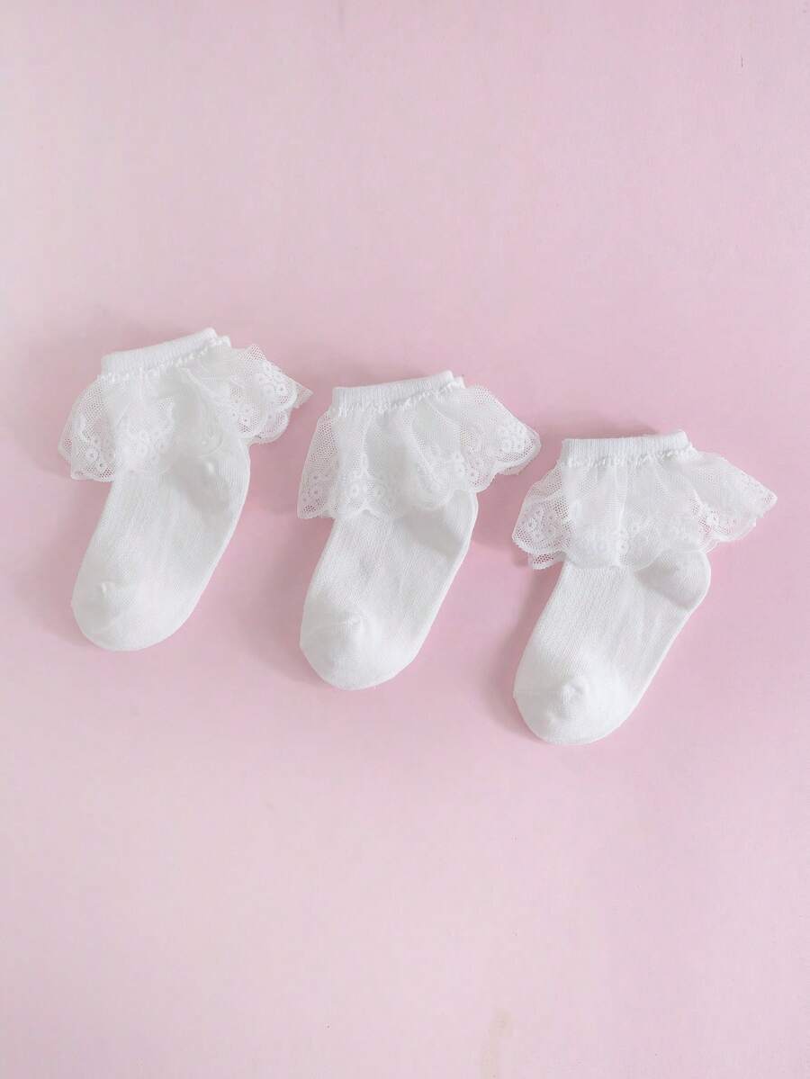 3 Pairs Children White Lace Trim Socks, Elegant & Casual Versatile Mesh Socks - White - View 1