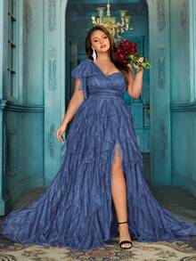 QOQ Đầm dạ hội mùa hè thanh lịch, sang trọng dành cho nữ cỡ lớn, thích hợp cho các bữa tiệc tối, sự kiện trang trọng, tiệc cocktail, tiệc sinh nhật, dạ tiệc. Đầm màu trơn, xẻ tà, cổ bất đối xứng. - Màu xanh nhạt - Xem 5