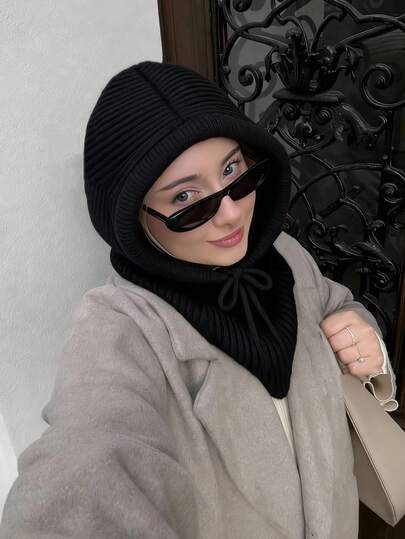 Ny 2-i-1 stickad halsduk med huva, balaklava, tjock varm ullhalsduk för kvinnor på vintern, modern och mångsidig ansiktsformande tillbehör