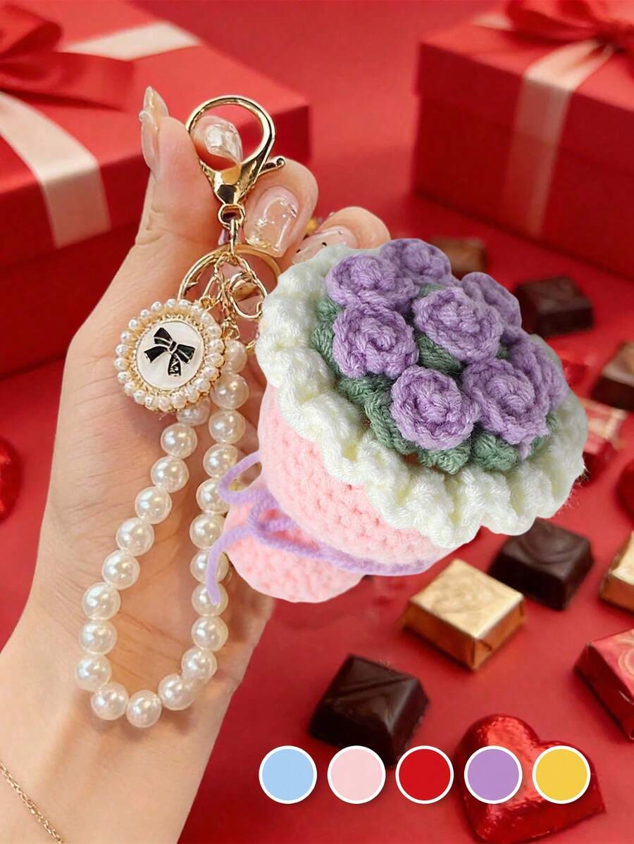 1 件小巧钩织玫瑰花束钥匙扣，珍珠钥匙扣，白色蝴蝶结编织，花束钥匙扣，花束包挂件背包挂饰，钥匙吊坠，情人节、毕业典礼、婚礼宾客、闺蜜、女友、周年纪念日、婚礼、返校季、海滩、海边、度假、母亲节、夏季、新年、斋月、开斋节或感恩节的完美礼物。 - 彩色 - 查看 1