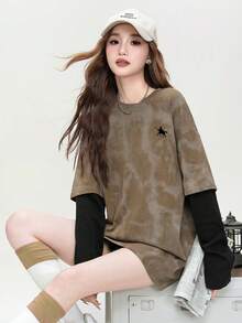 2026 New Round Neck Versatile Casual Printed Pattern Women Long Sleeve Loose Comfortable Retro American Style T-Shirt - 0B45 Coffee Black - 1182 Black - View 3