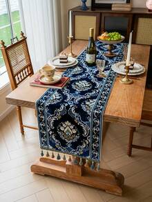 1 chiếc khăn trải bàn hình chữ nhật kiểu Mỹ cổ điển, họa tiết hoa màu xanh dương thêu chỉ vàng, thích hợp cho các buổi họp mặt ngày lễ, tiệc tùng, bàn ăn tối, bàn làm việc, bàn cà phê, trang trí nhà cửa, phù hợp cho mọi mùa. - Màu xanh lam - Xem 9