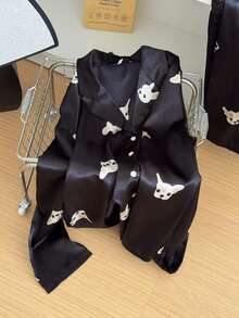 Nina Bonheur 2pcs Women Loose Button Dog Print Long Sleeve Cardigan + Elastic Waist Pants Pajama Set - Black - View 8