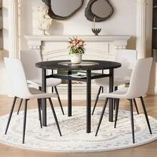 Modern Minimalist Round Table Set (With 4 Armchairs In Tech Fabric And Widened Comfort Seat Cushion), Round Table With 100 Cm Diameter In Black Wood Look, Suitable For Living Room, - white - 查看 4