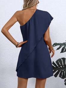 轻盈涤纶不对称露肩连衣裙 - 女士修身款，休闲风格 - 寶藍色 - 查看 2