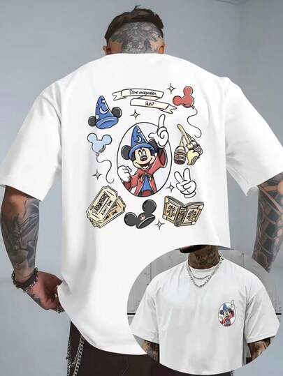  Authorized Disney Mickey Magic Hat Balloon Magic Book Printing Men's T-Shirts, T-Shirts For Leisure And Comfort, Breathable And Light, Fashionable Street Clothes, Men's Casual Shirts.