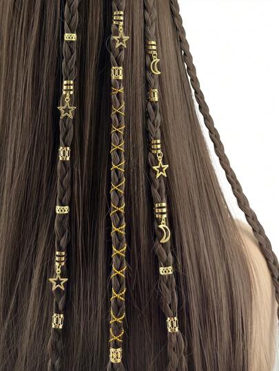 41 piezas Vintage Accesorios para el cabello de metal con estrellas y lunas, Accesorios para el cabello trenzados huecos