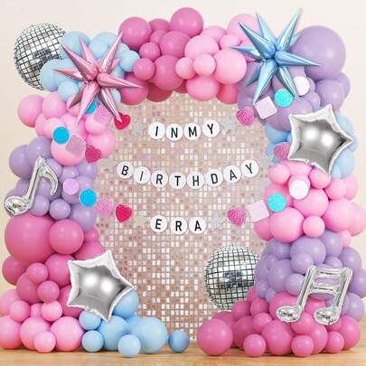 133pcs K-Pop Concert-Themed Balloon Arch Set, Includes Exploding Stars, Laser Balls, Stars, Musical Note Foil Balloons, And Pink, Purple, Blue, And Yellow Latex Balloons. Perfect For Birthday Parties, Prom Decorations, Bachelor/Bachelorette Parties, Disco Parties, K-Pop Parties, And "My Birthday Era" Themed Party Supplies.