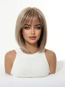Kurze schwarze braune synthetische Naturhaarperücken für Frauen, Bob-Perücke mit Pony, hitzebeständig für Alltag, Cosplay und Partys - Leinen Gold - Übersicht 5