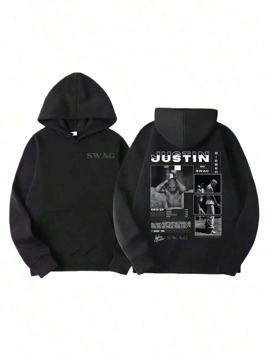 Prince Of Pop Justin Biebers 2025 Autumn And Winter New Album Cotton Printing Hoodies Men's Clothing Hip Hop Fleece CasualY2K-W-Valentine Outfits For Women - 黑色 - 查看 1