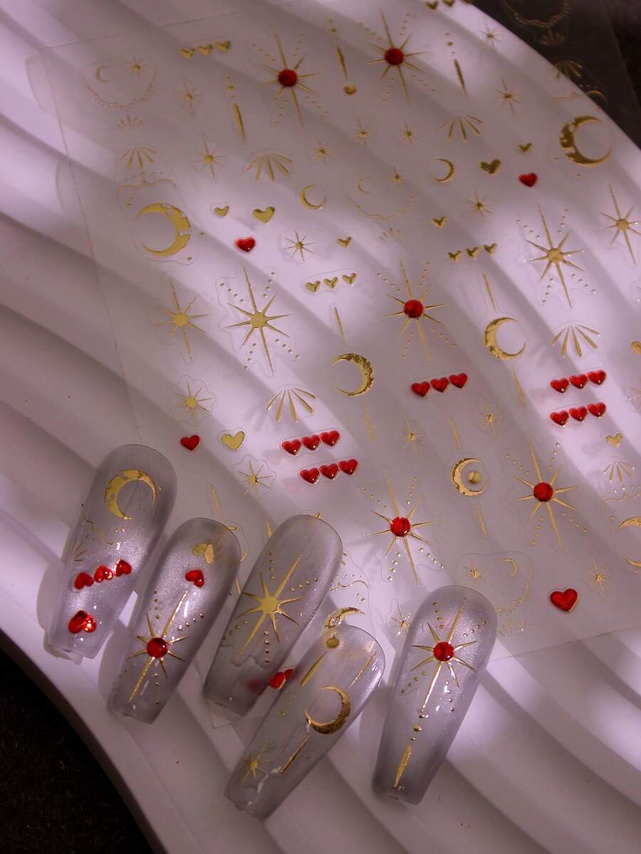 1片金色月亮星光闪耀美甲贴纸,3D立体流星美甲贴花DIY装饰Y2K风格美甲贴纸美甲用品 - 彩色 - 查看 1