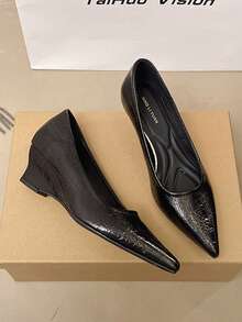 Women's Fashion Wedge Pumps Pointed Toe Slip-On Shoes, 2026 Spring/Summer New Arrival, Wedge Heel, Versatile, Elegant High Heels For Commuting - Black - View 2