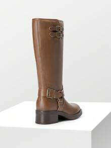 Women's Motorcycle Boots Side Zipper Knee High Boots Square Toe Chunky Low Heel Buckle Decorated Biker Fashion Long Boots Festival Dresses - 摩卡棕 - 查看 9