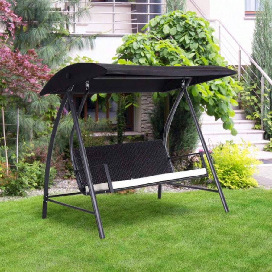 Trio Swing With Polyamide Rattan And Metal Roof, Black, Dimensions 198x124x179 Cm, Ideal For Gardens And Terraces.