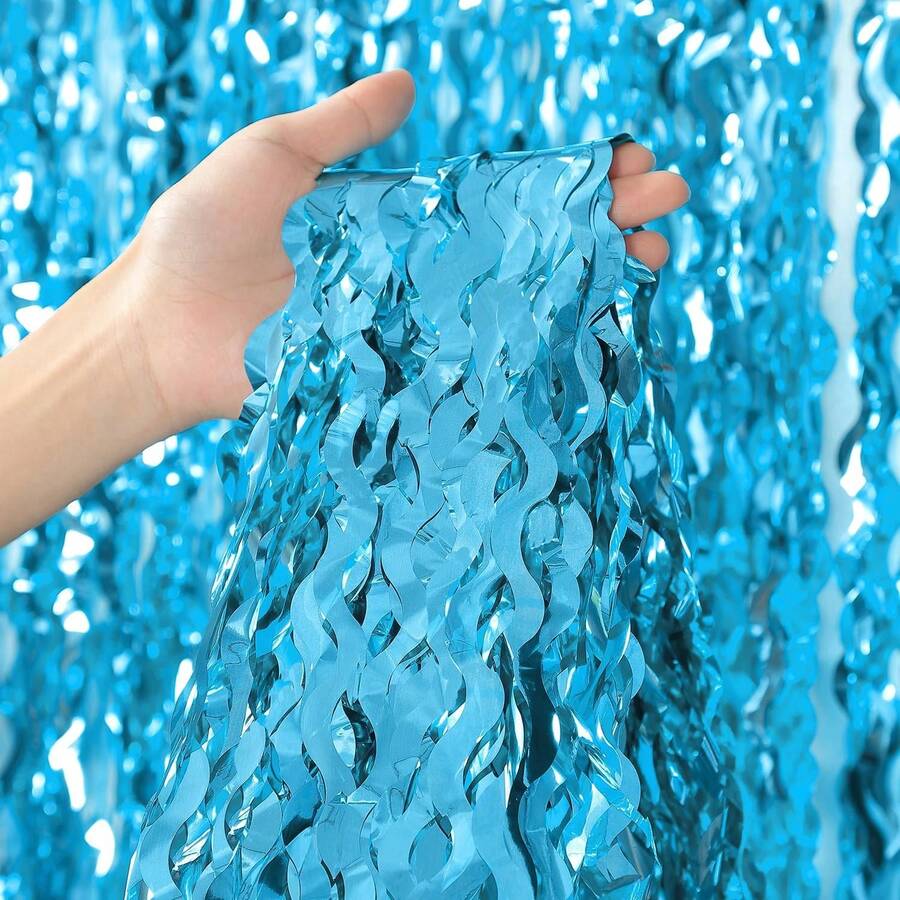 3pcs/4pcs Sea Blue, Pink Wavy Curtain Ribbons Backdrop Decor, Ocean Theme Stage Decoration, Mermaid Style Birthday Party, Gender Reveal, Holiday Celebration Backdrop With Tassels - Multicolor - View 1