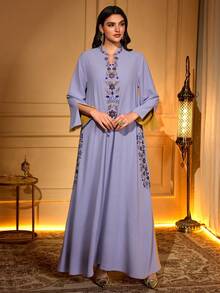 Women's V-Neck Long Sleeve Split-Hem Embroidered Sequin Rhinestone Embellished Elegant Dress - Lilac Purple - View 7